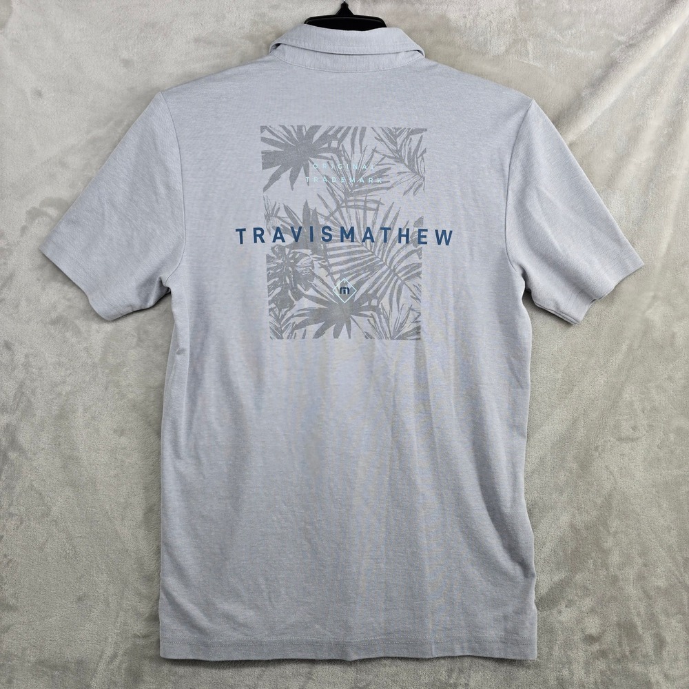 Travis Mathew Mens Polo Shirt Gray‎ Palm Print Short Sleeve Pima Blend Medium